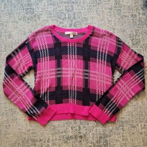 Plaid Pink and Navy Blue Women's Sweater